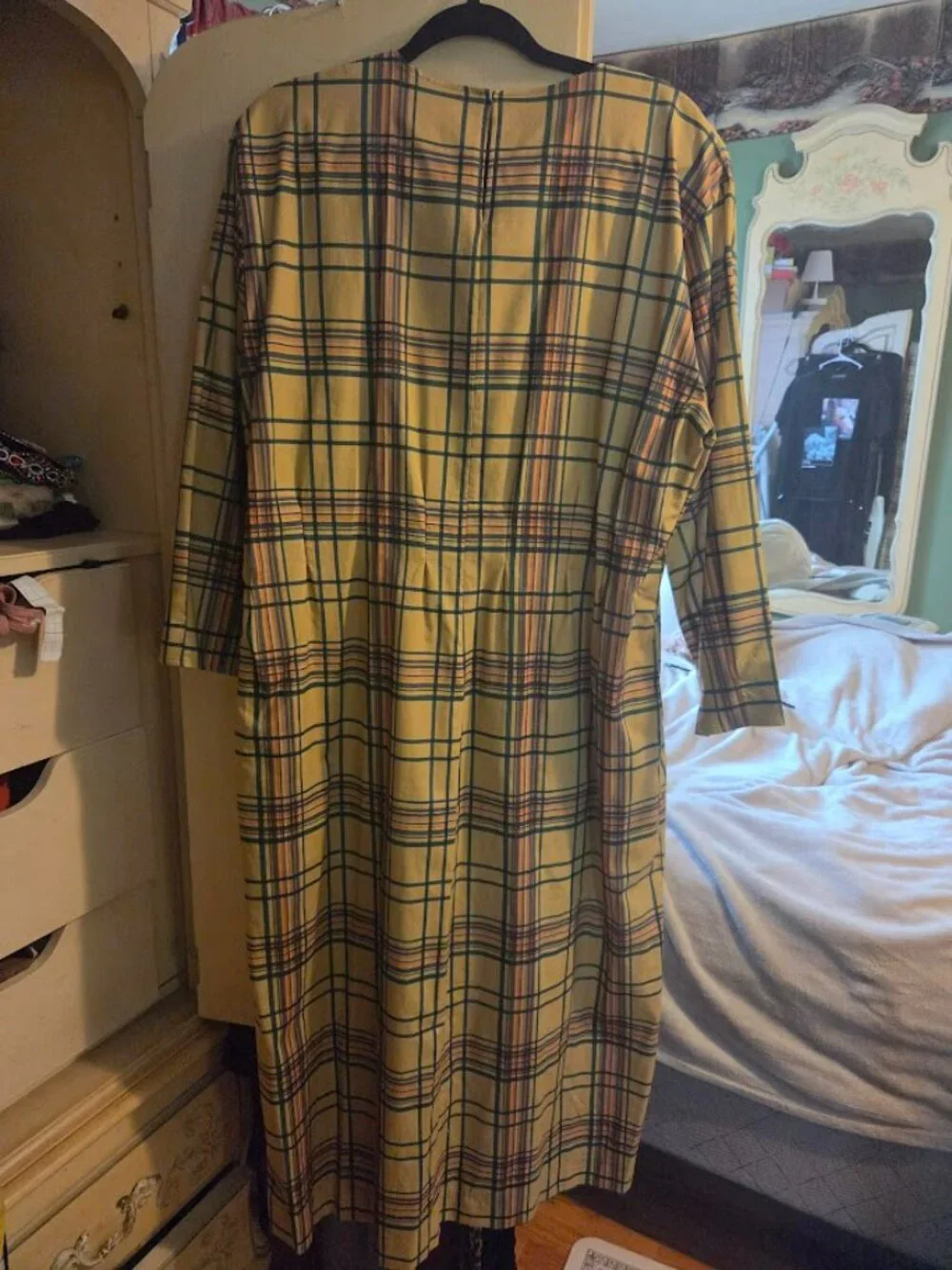 Plaid Tartan Maxi Dress Yellow Green Long Sleeve A Line Prairie core L